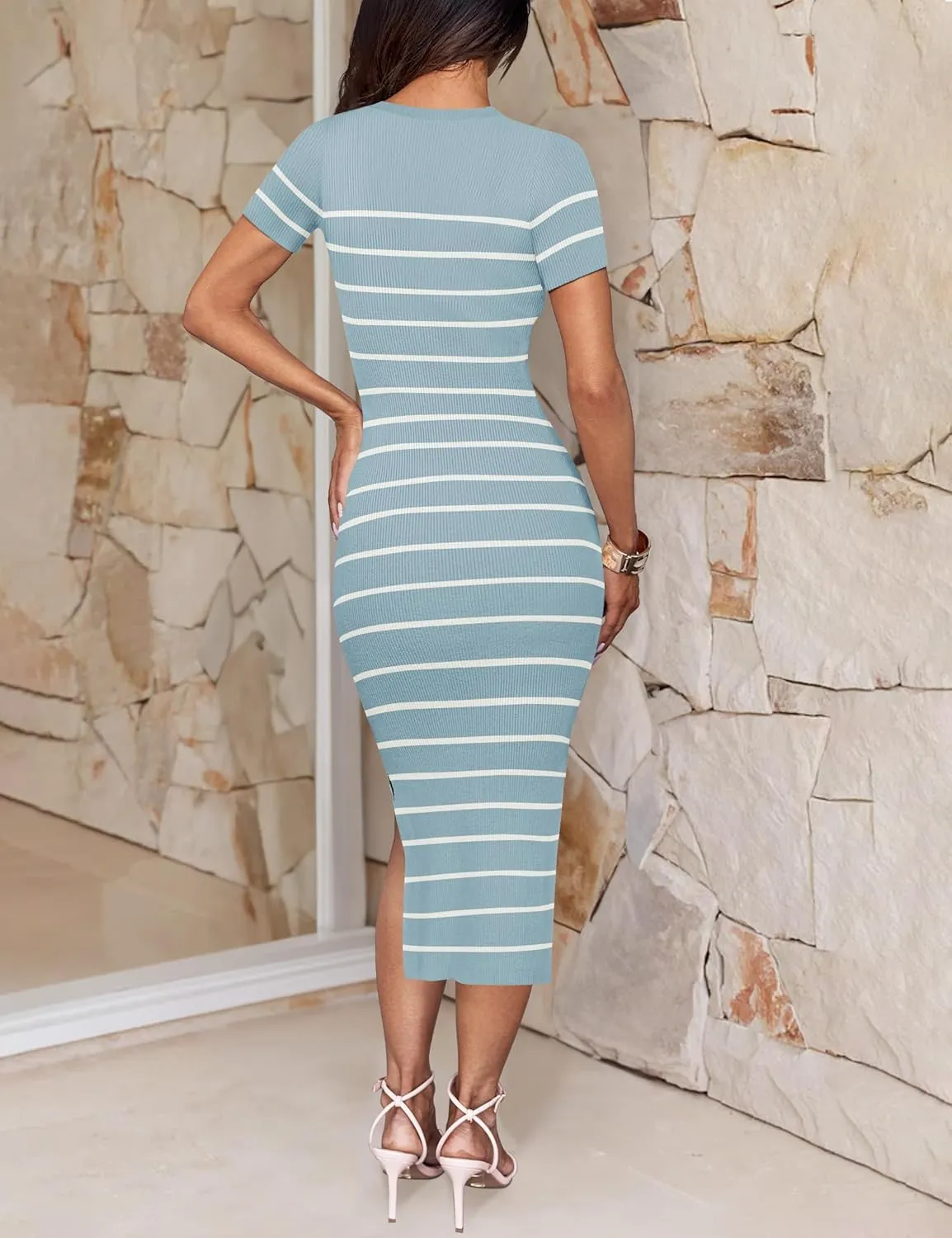 ZESICA Women's 2025 Summer Bodycon Midi Dress Striped Short Sleeve Ribbed Knit Slim Fit Side Slit Vacation Long Dresses