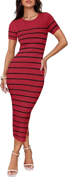 ZESICA Women's 2025 Summer Bodycon Midi Dress Striped Short Sleeve Ribbed Knit Slim Fit Side Slit Vacation Long Dresses