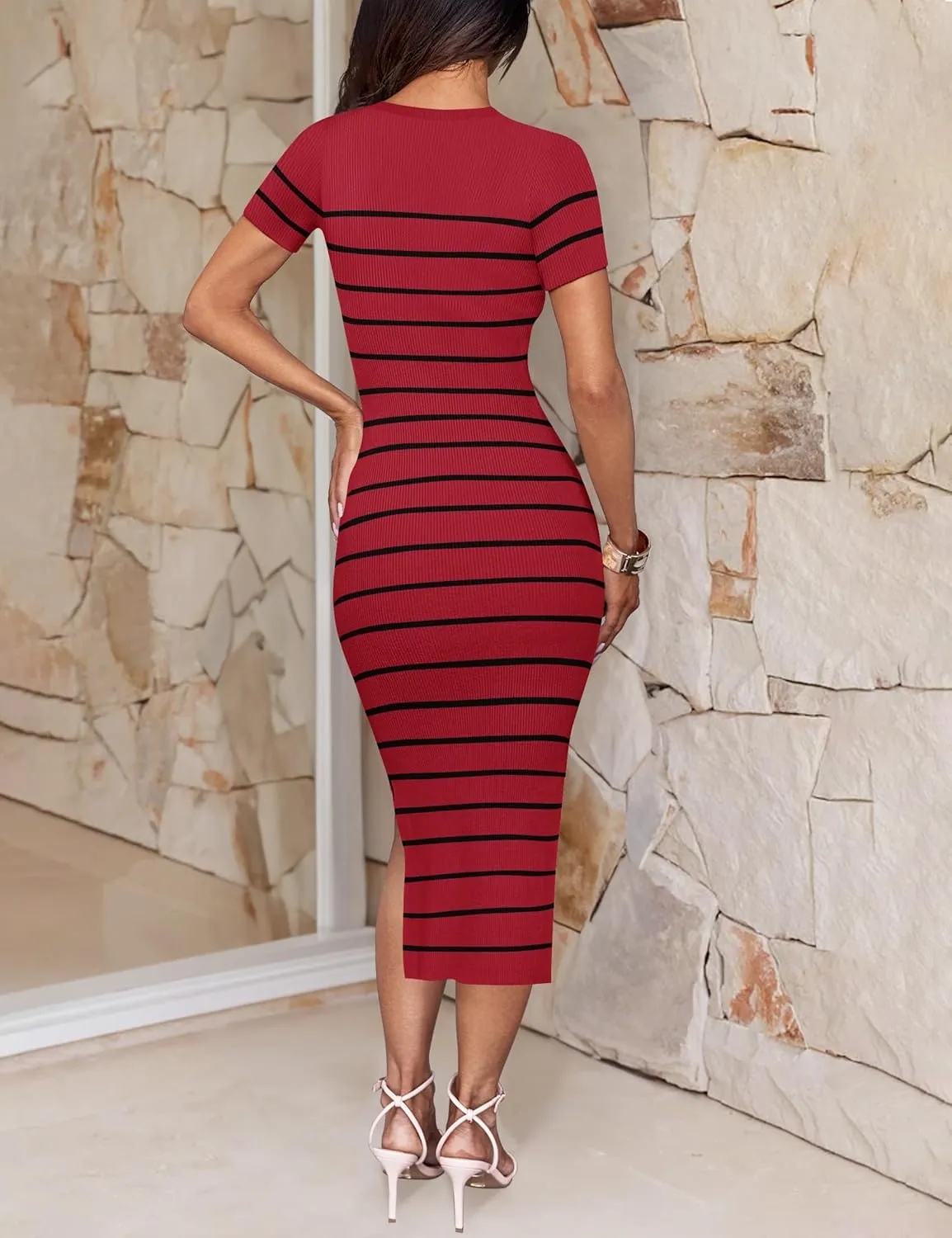 ZESICA Women's 2025 Summer Bodycon Midi Dress Striped Short Sleeve Ribbed Knit Slim Fit Side Slit Vacation Long Dresses