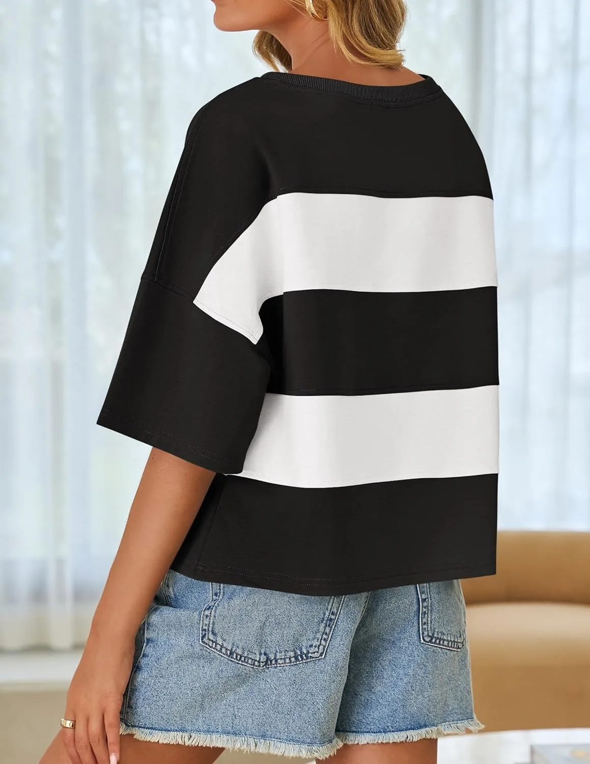 ZESICA Women's Summer 2025 3/4 Sleeve Casual Tee Tops Crewneck Drop Shoulder Color Block Oversized T-Shirts