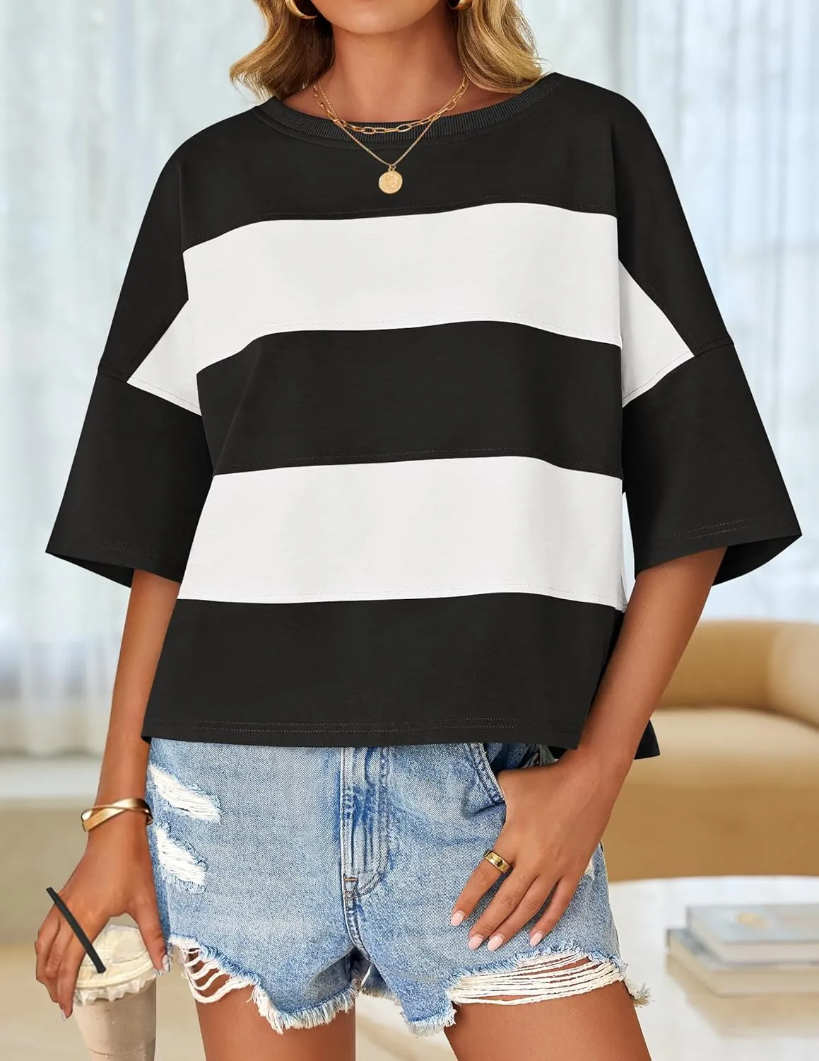ZESICA Women's Summer 2025 3/4 Sleeve Casual Tee Tops Crewneck Drop Shoulder Color Block Oversized T-Shirts